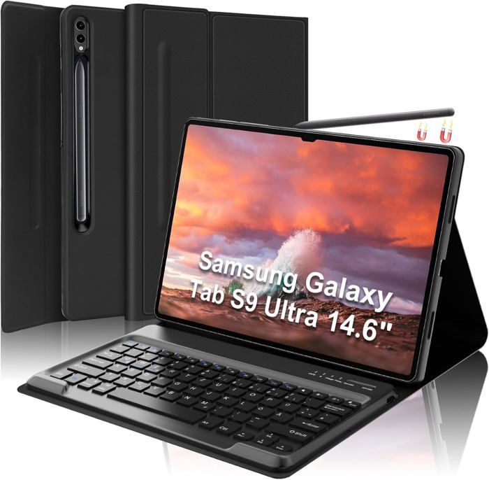 Coque Clavier pour Samsung Galaxy Tab S10 Ultra 146 2024 - AZERTY Français Clavier Détachable sans Fil Bluetooth Noir