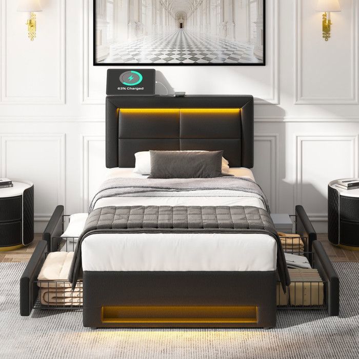Lit simple 90x200 cm lit coffre USB en LED 4 tiroirs à roulettes 5cm sommier à lattes pour enfant/adult pu noir