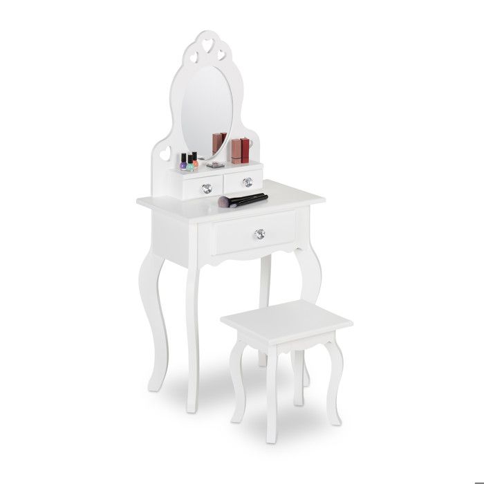 Relaxdays Coiffeuse pour enfant miroir & tabouret HxLxP: 110x50x30 cm à partir de 3 ans meuble de chambre blanc