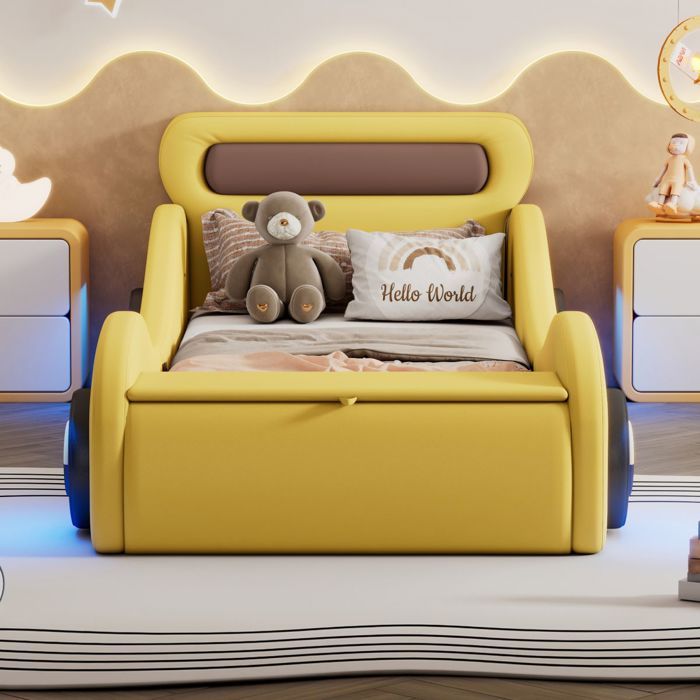 Lit enfant voiture rembourré PU jaune 90x200cm roues éclairées + rangement - Sans Matelas