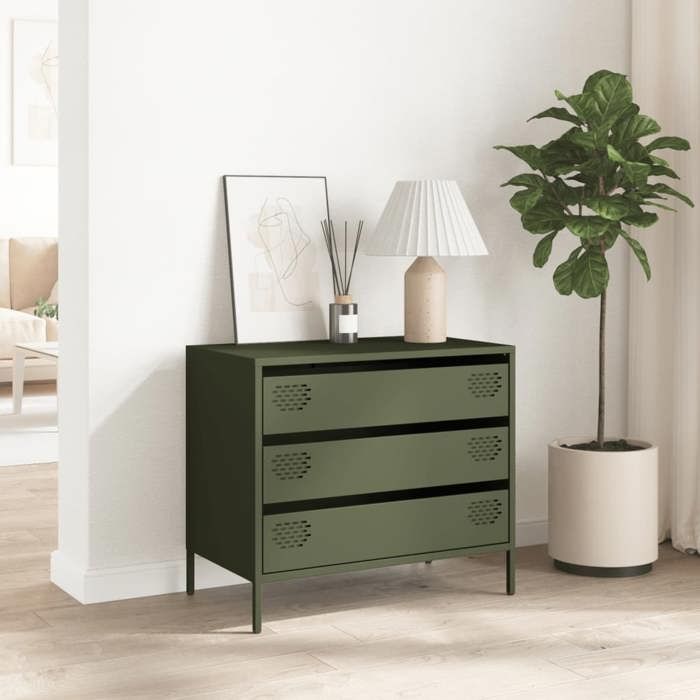 Vert Buffet de rangement - SOLOMOON - Commode salon - vert olive 68x39x58 5 cm - acier laminé à froid FR7203