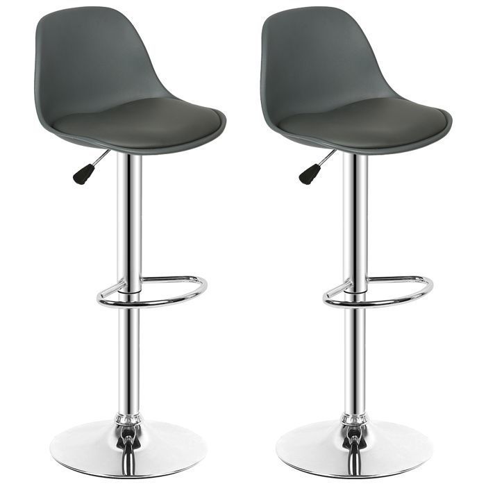 Tabourets de Bar en PU - Lot de 2 - Réglable en Hauteur - Rotation à 360° - Dossier et Repose-pieds - Gris foncé