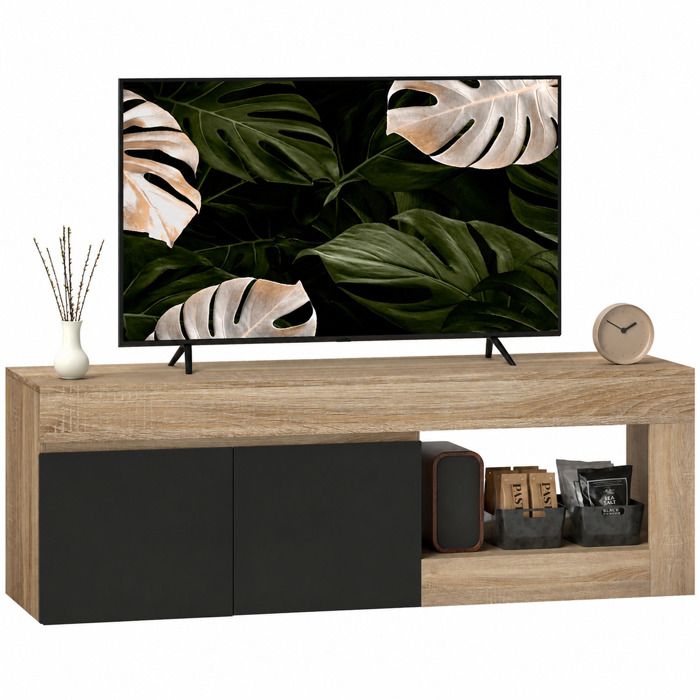 Meuble TV - HOMCOM - 2 portes à fermeture douce et compartiment ouvert - panneau de particules - 140x40x48cm - noir