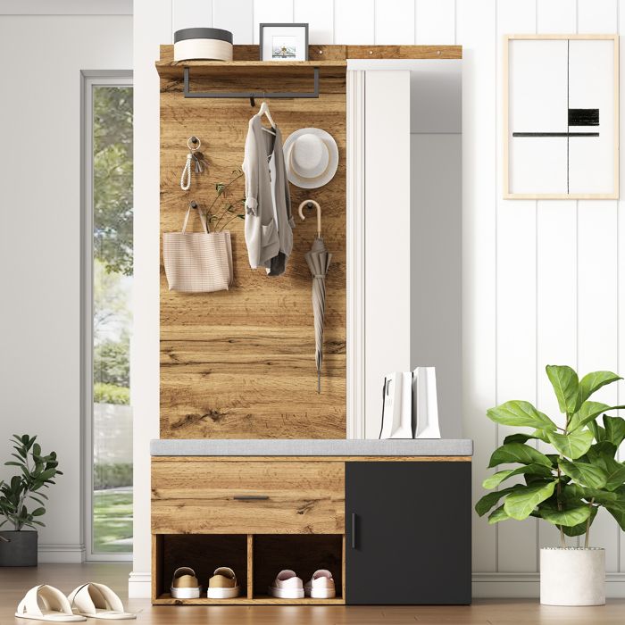 Vestiaire dEntrée 104x39x190 cm avec banc à chaussures et miroir Meuble entree avec tiroir étagère patères Chêne