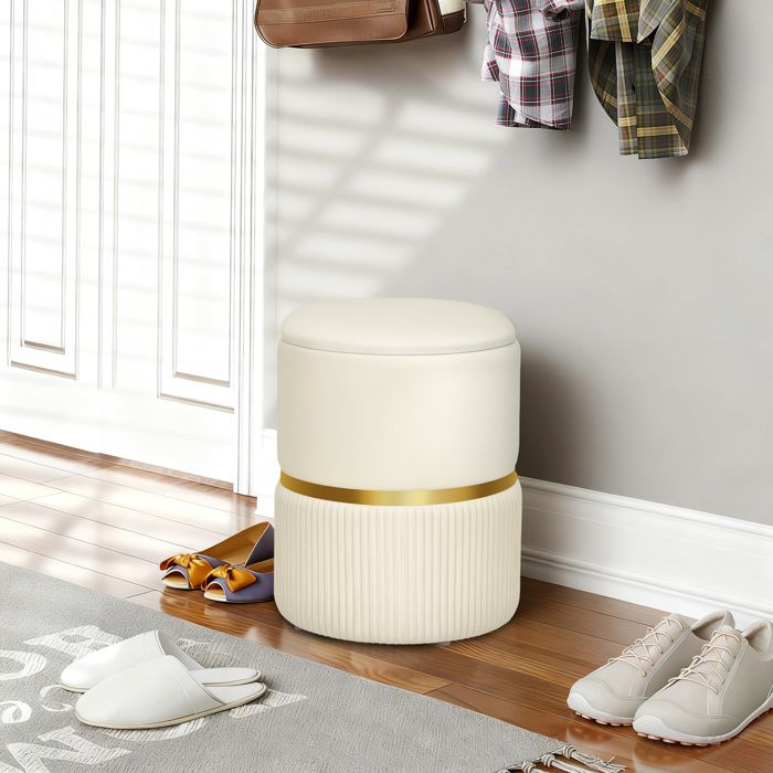 Pouf tabouret repose-pied coffre de rangement en velours côtelé 36 x 36 x 44 cm pour salon chambre beige
