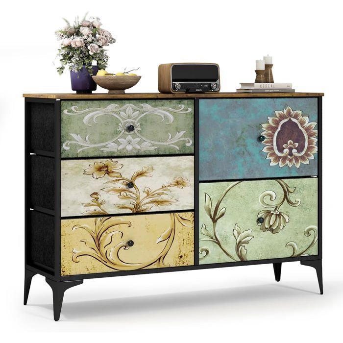 Commode à 5 tiroirs en tissu à trois niveaux buffet avec structure en acier robuste pour petits espaces pour chambres salons