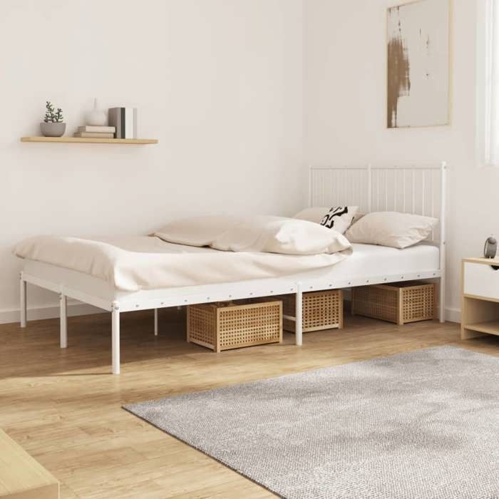 Cadre de lit métal - Happiness - 120x190 cm - Blanc - Acier - Espace de rangement - Tête de lit - Montage simple