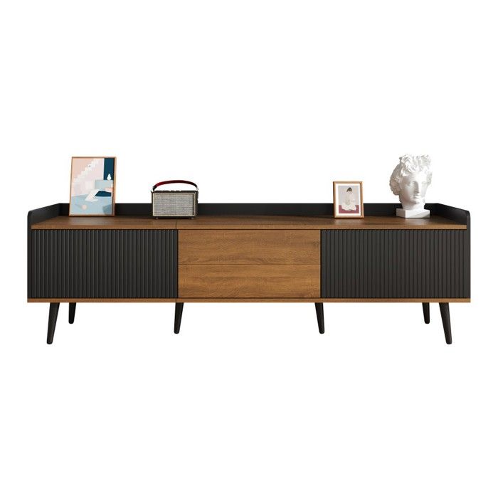 Meuble TV Design Noir et Bois Naturel 49.5 Cm - Meuble Bas 3 Portes Moderne Rangement Salon