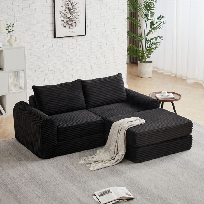 Canapé dangle Canapé-lit convertible modulable 2-en-1 avec pouf amovible et 2 coussins velours côtelé noir