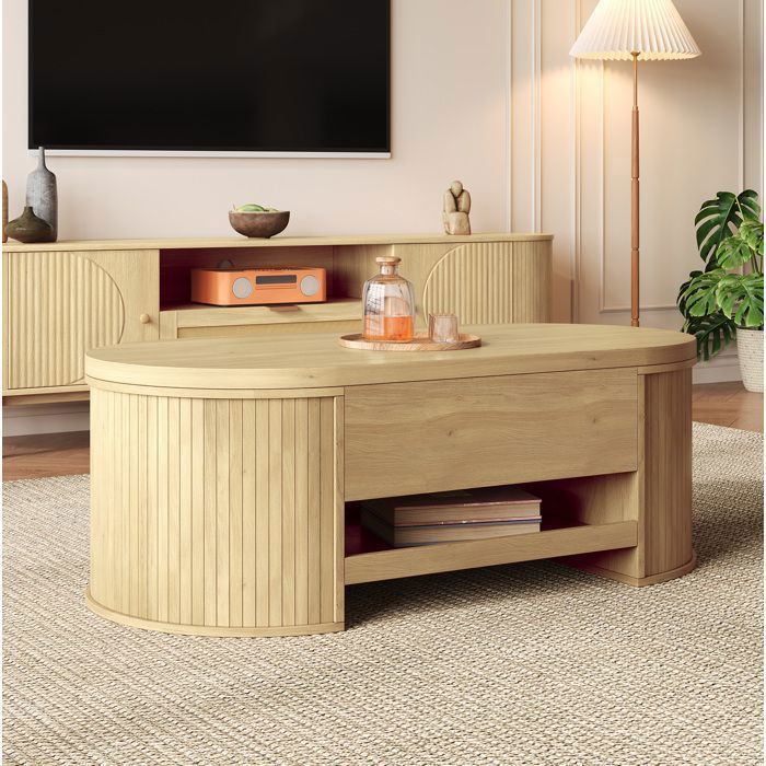 Table basse relevable naturelle L 110 x P 555 x H 40 cm plateau MDF rangement + tablette coulissante