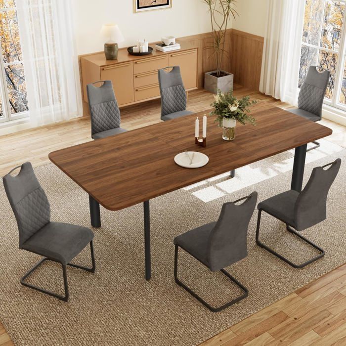 Table à manger avec 6 chaises Élégante table à manger en MDF pour le salon (table couleur noyer + 6 chaises grises)