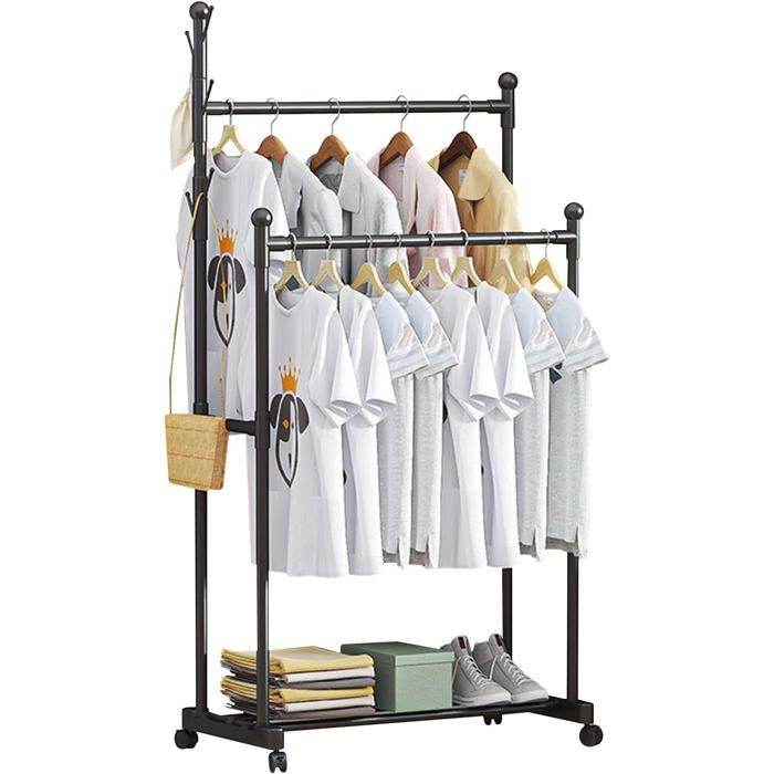Portant A Vetement À Double Rail Portant Vetement En Métal Porte-Vêtements Multifonctionnel Avec Roulettes Porte Manteau Minima