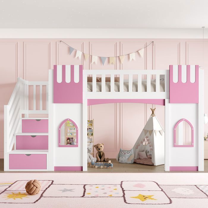 Lit Mezzanine 90x200 cm avec rangement - Lit Enfant avec escalier - avec 3 Casiers et Barrière Sécurité - Rose