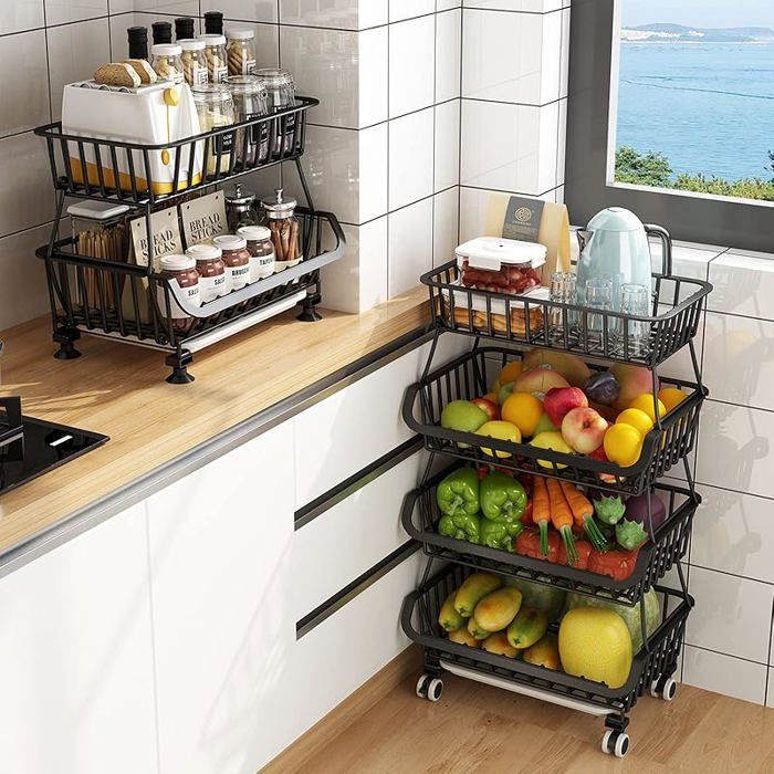 Paniers en Fil métallique avec Roues bacs de Rangement empilables Étagère pour Organisateur de Cuisine 3-4-5-6 4 é MEUBLE A EPICES