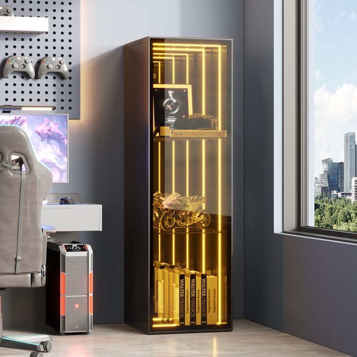 Vitrine LED 30 x 30 x 90 cm portes en verre trempé cadre aluminium 3 niveaux étagères réglables MDF + verre noir