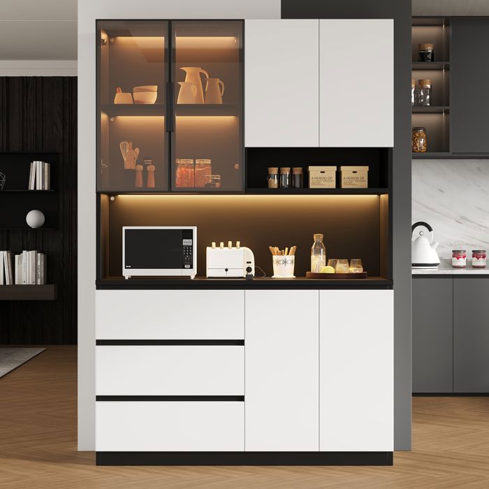 Buffet de cuisine LED 120.5x40x180 cm 3 tiroirs 6 portes et étagères rangement vaisselle micro-ondes cuisine haute noir