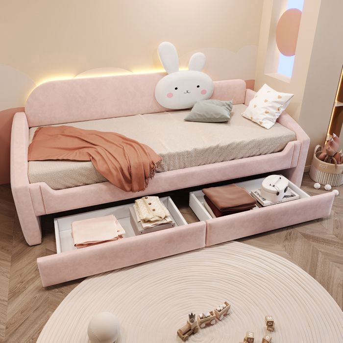 Lit enfant fille 90x200 cm - Lit rembourré simple avec regement - Canapé-lit - avec 2 tiroirs et LED - Sommier inclus - Rose