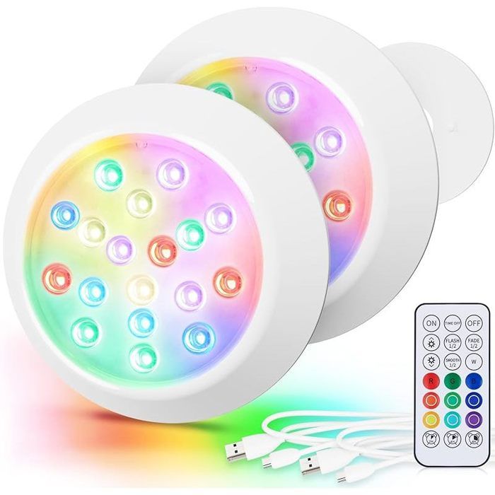 2 Pack Eclairage LED Submersible Magnétiques pour Piscine Hors Sol Alimenté par USB-C Rechargeable 18 LEDs Lampe Piscines Bois