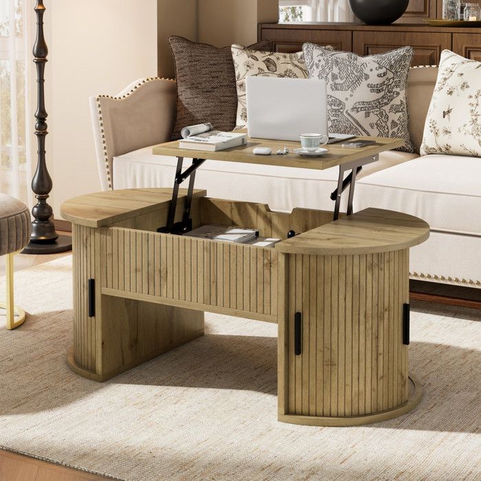 Table Basse Relevable 100x50x40 5 cm LEMLIT Table de Salon Portes Coulissantes Petit Appartement Bureau - Chêne