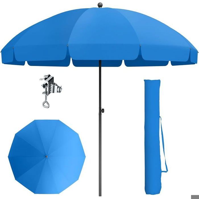 Parasol de plage - AUTREMENT - 175 cm - inclinable 30° - réglable 175-220 cm - avec pince et housse