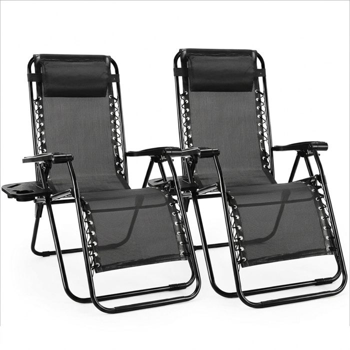 Lot de 2 Chaise longue inclinable pliable en Textilène avec support de gobelet - charge Max 130kg - Noir