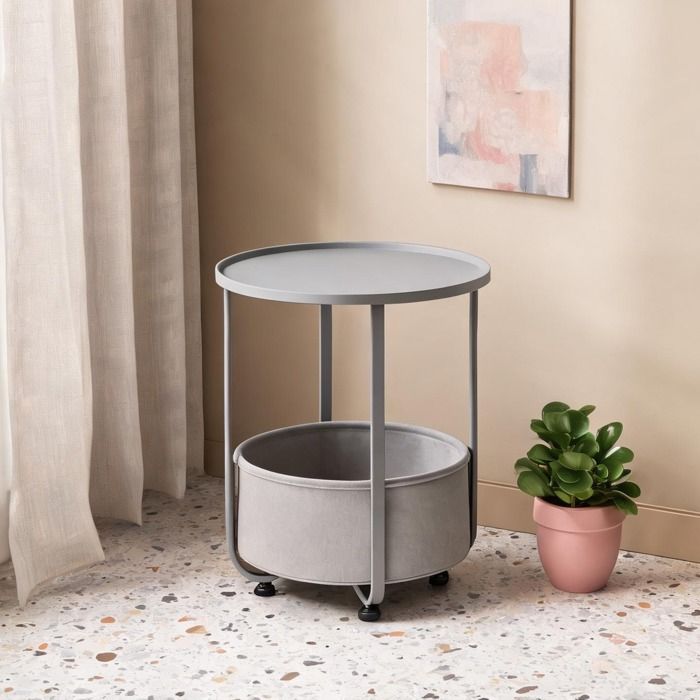 Table basse ronde avec rangement en toile structure métal et panneaux mélaminés gris doux