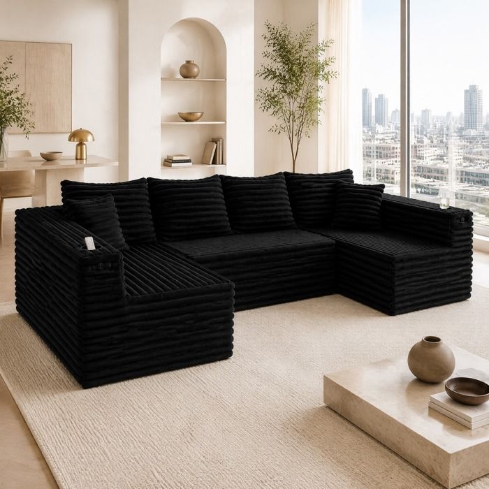 Canapé Panoramique en U Modulable avec Porte-gobelets et Poches Latérales Velours Côtelé Noir 320 × 155 × 88 cm