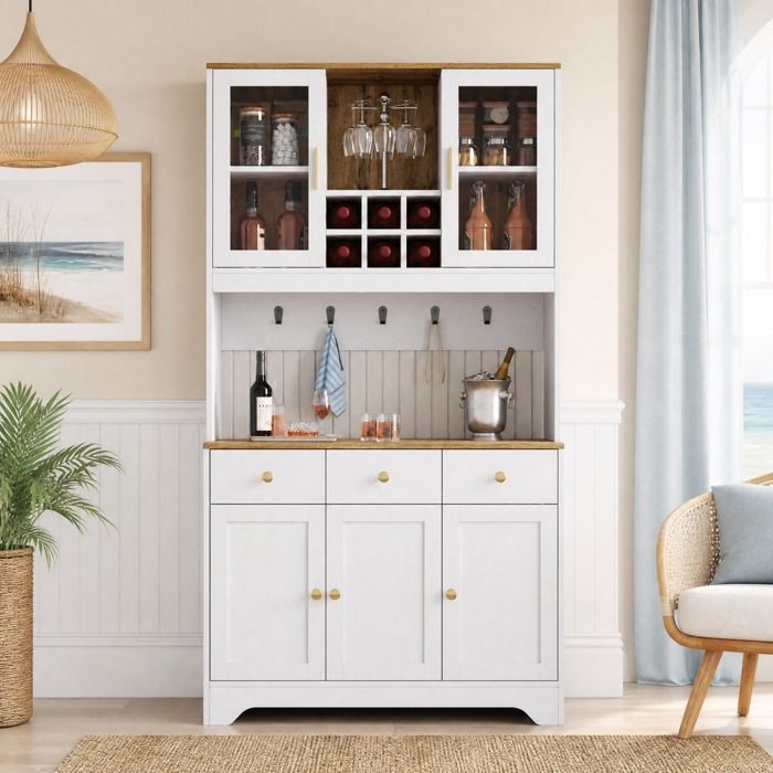 Buffet haut avec vitrine - ZEVKOR - 94 5x30x175 5 cm - 5 portes - 3 tiroirs - Blanc aspect bois