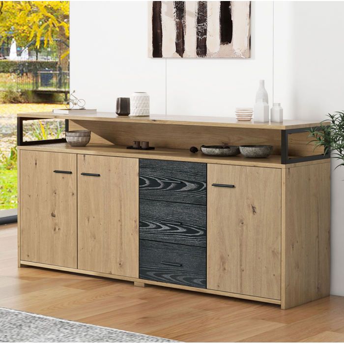Buffet de rangement industriel 150 x 35 x 759 cm 3 portes 3 tiroirs niche ouverte noir et bois TYNQER