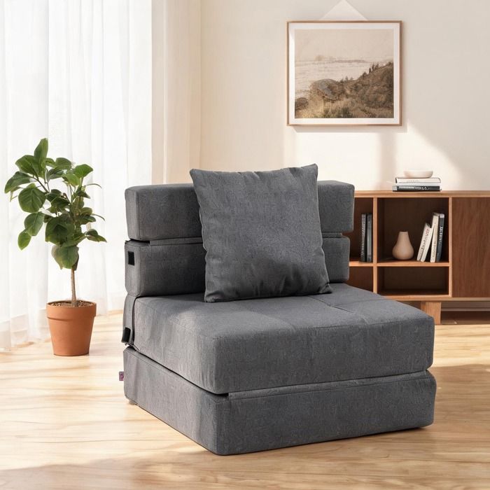 Chauffeuse convertible en tissu polyester gris fauteuil 1 place transformable en lit dappoint