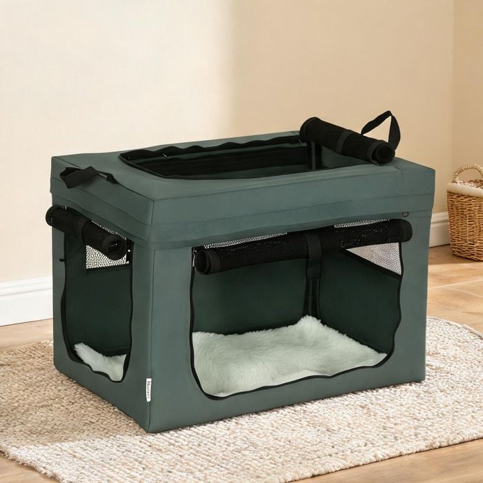 Caisse de transport pliable pour chien et chat jusquà 4 kg 60 x 42 x 42 cm grise avec coussin et 3 entrées