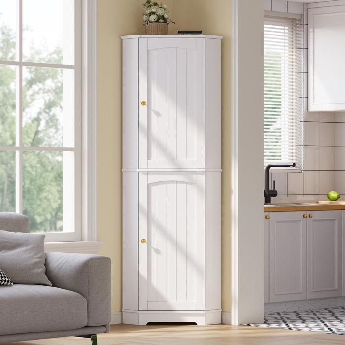 Meuble d’Angle Buffet Meuble de Rangement avec 2 Portes et étagères Réglables Armoire Haute pour Salle à Manger 42x42x166cm Blanc