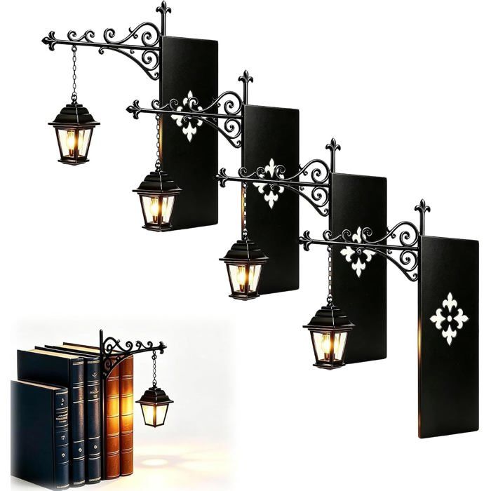Lot de 4 lampes de bibliothèque - Lanterne LED Halloween fer noir pour étagère (Lumière chaude 23.5cm)