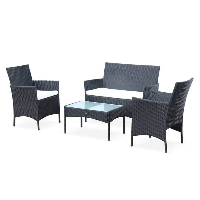 Salon de jardin en résine tressée - Moltès - Noir. Coussins ecru - 4 places - 1 canapé. 2 fauteuils. une table basse
