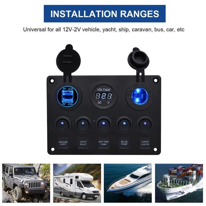5 Gang Panneau de Interrupteur /à Bascule ON-OFF Avec Chargeur Double USB Avec Imperm/éable Voltm/ètre Num/érique Avec Allume-Cigare pour Voiture Bateau Camion RV Camping-Car Bleu