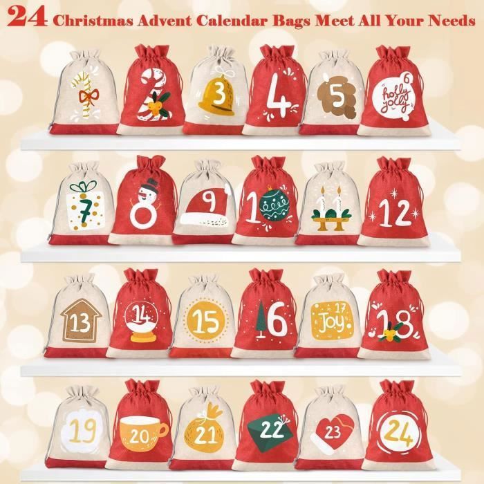 Calendrier De L'Avent Vide à Remplir Soi-même - 24 Pochons En Tissu Avec Clips - 2 Tailles - DIY Noël - 4