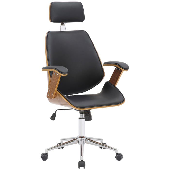 Fauteuil de bureau sur roulettes en bois courbe et synthetique noir hauteur reglable et pivotant BUR10659
