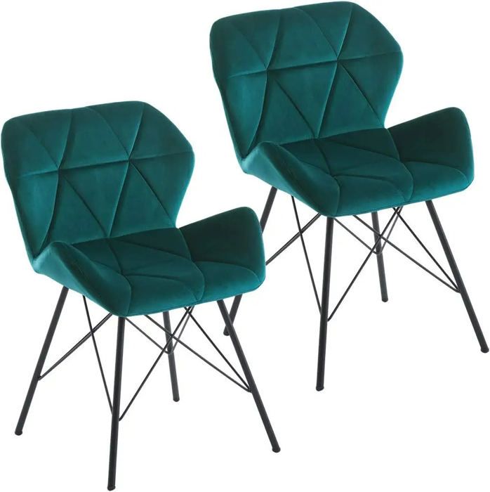 lot de 2 chaises de salle à manger en tissu velours petrole couture triangle pieds en metal design eiffel