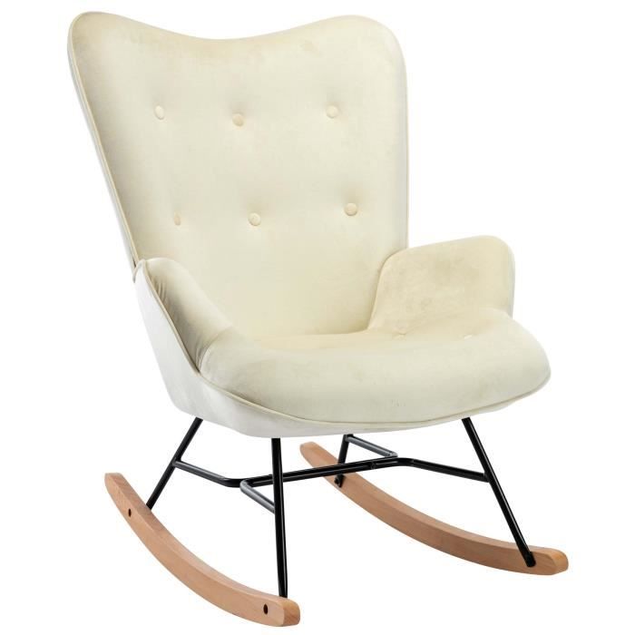fauteuil à bascule rocking chair bouton decoratif en tissu velours crème confortable et design