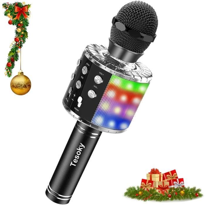 Tesoky Microphone sans Fil Cadeau Bluetooth LED Lampe Coloré Dynamique,4 en 1 Portable karaoké Bluetooth Micro Enfant 2 Haut-Parleur Intégrépour Fête Familial,Noëlet,Compatible avec Android/iOS/PC/Pad 