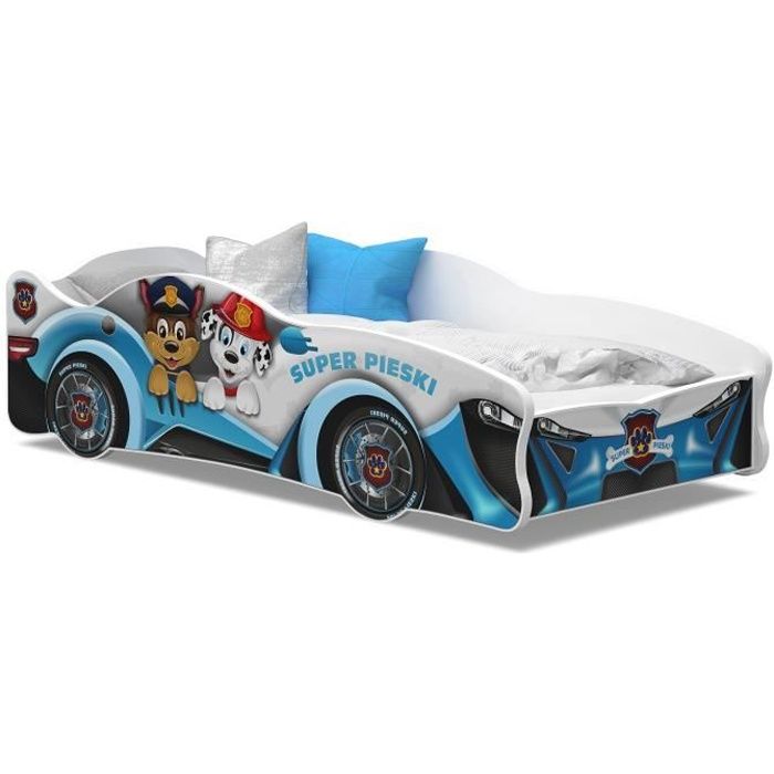 Lit enfant voiture 80x160 28 pat patrouille th&egrave;me livr&eacute; avec sommiers et matelas en mousse de 7cm