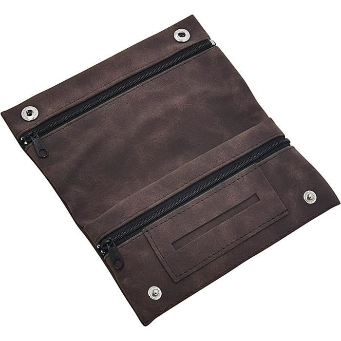 Pochette Tabac Cuir Indian Pearl Marron - Compartiments Zippés Fabriqué Main Vintage