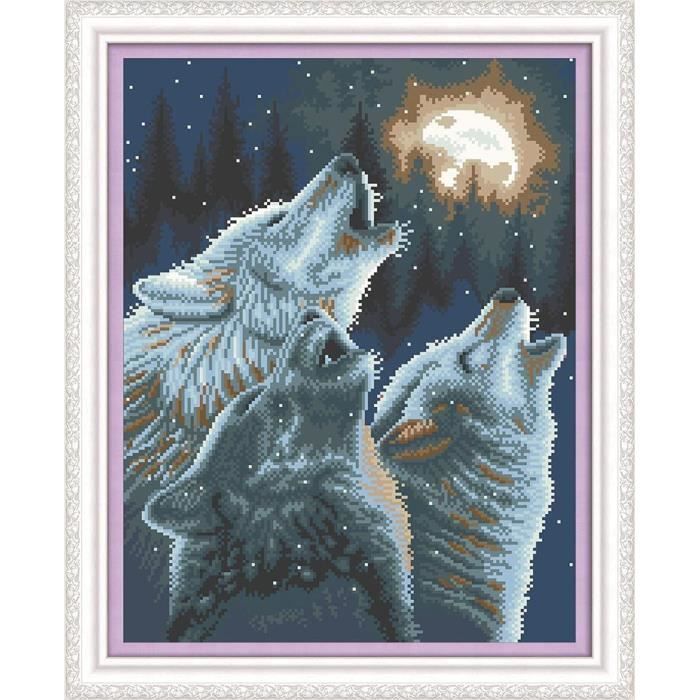 Kit De Broderie Au Point De Croix Motif Trois Loups Hurlant La Lune kit-de-broderie-au-point-de-croix-motif-trois-loups-hurlant-la-lune