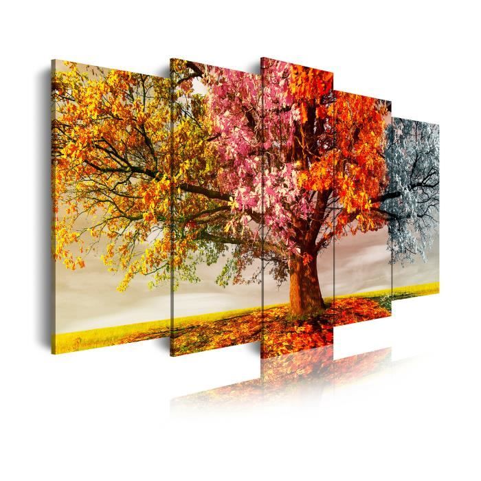 Impression Sur Toile 5 Panneaux - Arbre 4 Saisons, Art Mural Paysage, Noir Et Blanc