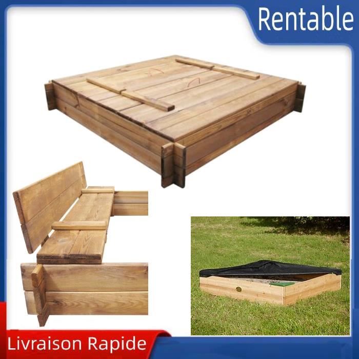 Bac a sable carre avec couvercle-banc 120x120 cm