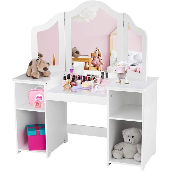 COSTWAY Coiffeuse pour Enfants 2 en 1 avec Miroir Amovible Bureau Enfant avec 4 Étagères de Style Princesse pour Filles Blanc
