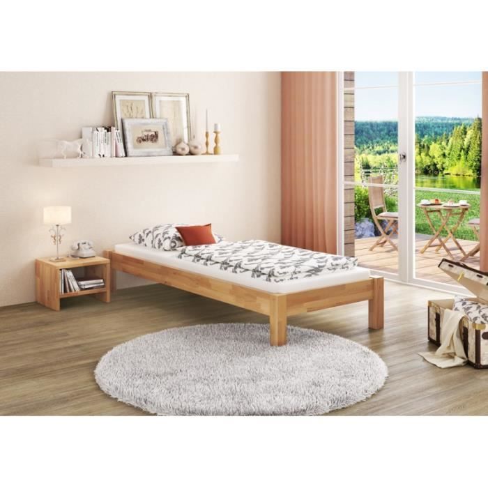 lit simple style futon en hêtre massif naturel 80x200 avec sommier à lattes en bois et matelas - erst-holz