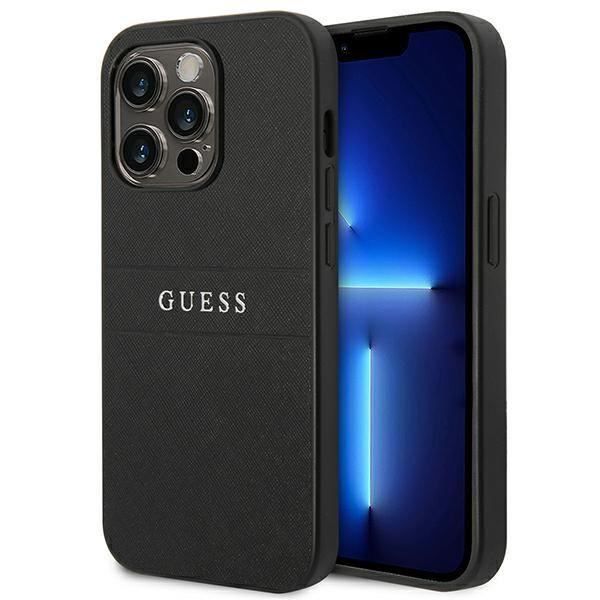 Guess Saffiano Metal Logo Stripes Coque iPhone 14 Pro (Noir) - 3666339088606 Blanc - vue 4