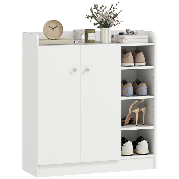 Meuble de rangement à chaussures - HOMCOM - 12 paires 4 compartiments ouverts placard double porte - bois - 83x30x90cm - blanc