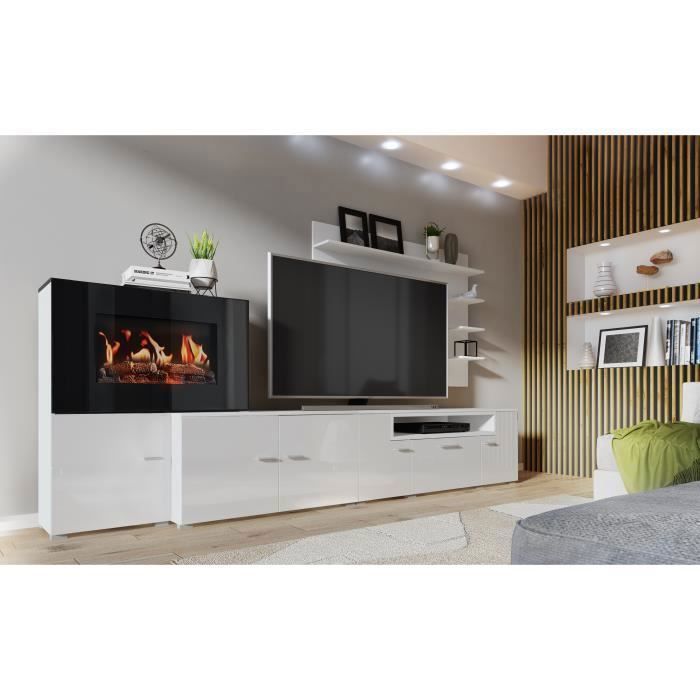 Ensemble Meuble de salon cheminée électrique à 5 niveaux de flamme finition Blanc Mat et laqué Blanc Brillant 290x170x45 Ensemble Meuble de salon cheminée électrique à 5 niveaux de flamme finition Blanc Mat et laqué Blanc Brillant 290x170x45